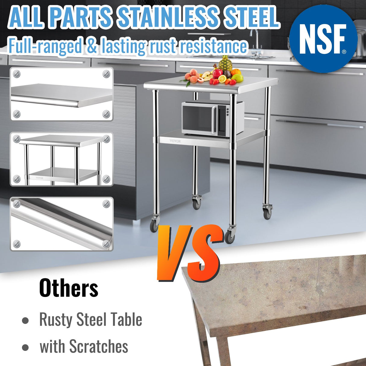 VEVOR Stainless Steel Prep Table, 61 x 61 x 91.4 cm, 600lbs Load Capacity Heavy Duty Metal Worktable with Adjustable Undershelf & Universal Wheels,