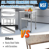 VEVOR Stainless Steel Prep Table, 61 x 61 x 91.4 cm, 600lbs Load Capacity Heavy Duty Metal Worktable with Adjustable Undershelf & Universal Wheels,