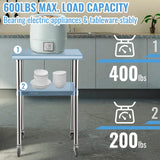 VEVOR Stainless Steel Prep Table, 61 x 61 x 91.4 cm, 600lbs Load Capacity Heavy Duty Metal Worktable with Adjustable Undershelf & Universal Wheels, Commercial Workstation for Kitchen Garage Backyard - Top-Down View