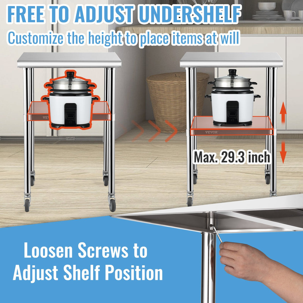 VEVOR Stainless Steel Prep Table, 61 x 61 x 91.4 cm, 600lbs Load Capacity Heavy Duty Metal Worktable with Adjustable Undershelf & Universal Wheels,