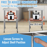 VEVOR Stainless Steel Prep Table, 61 x 61 x 91.4 cm, 600lbs Load Capacity Heavy Duty Metal Worktable with Adjustable Undershelf & Universal Wheels, Commercial Workstation for Kitchen Garage Backyard - 45-Degree Angle