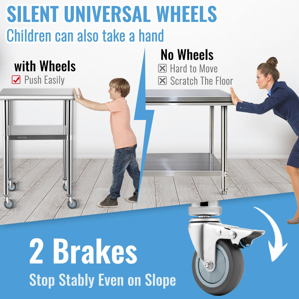 VEVOR Stainless Steel Prep Table, 61 x 61 x 91.4 cm, 600lbs Load Capacity Heavy Duty Metal Worktable with Adjustable Undershelf & Universal Wheels,