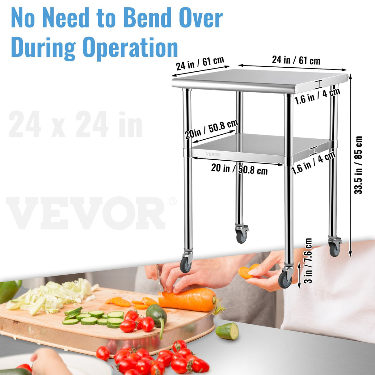 VEVOR Stainless Steel Prep Table, 61 x 61 x 91.4 cm, 600lbs Load Capacity Heavy Duty Metal Worktable with Adjustable Undershelf & Universal Wheels,