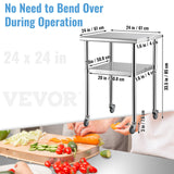VEVOR Stainless Steel Prep Table, 61 x 61 x 91.4 cm, 600lbs Load Capacity Heavy Duty Metal Worktable with Adjustable Undershelf & Universal Wheels, Commercial Workstation for Kitchen Garage Backyard - Close-Up Angle