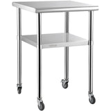 VEVOR Stainless Steel Prep Table, 61 x 61 x 91.4 cm, 600lbs Load Capacity Heavy Duty Metal Worktable with Adjustable Undershelf & Universal Wheels,