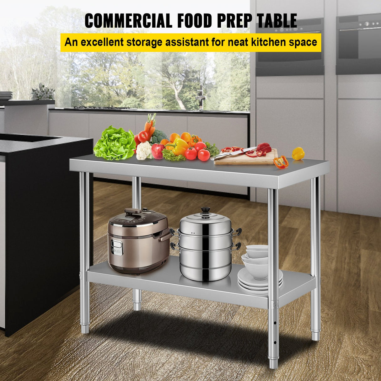 VEVOR Stainless Steel Prep Table, 122 x 46 x 86 cm, 250kg Load Capacity Heavy Duty Metal Worktable with Adjustable Undershelf, Commercial Workstation