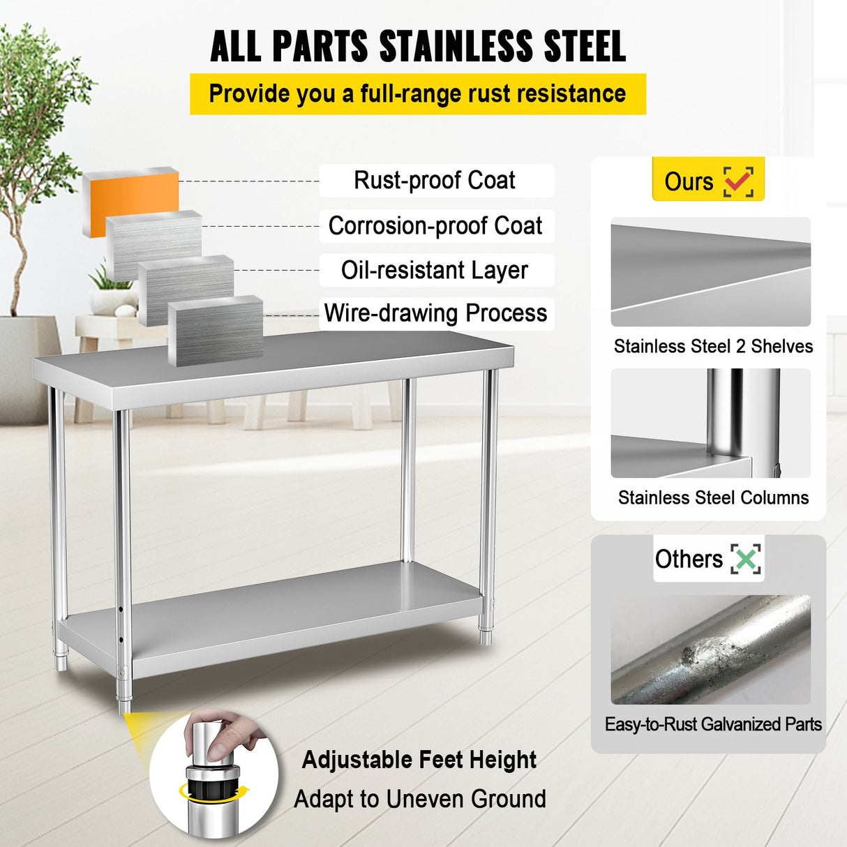 VEVOR Stainless Steel Prep Table, 122 x 46 x 86 cm, 250kg Load Capacity Heavy Duty Metal Worktable with Adjustable Undershelf, Commercial Workstation