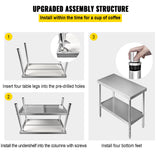 VEVOR Stainless Steel Prep Table, 122 x 46 x 86 cm, 250kg Load Capacity Heavy Duty Metal Worktable with Adjustable Undershelf, Commercial Workstation