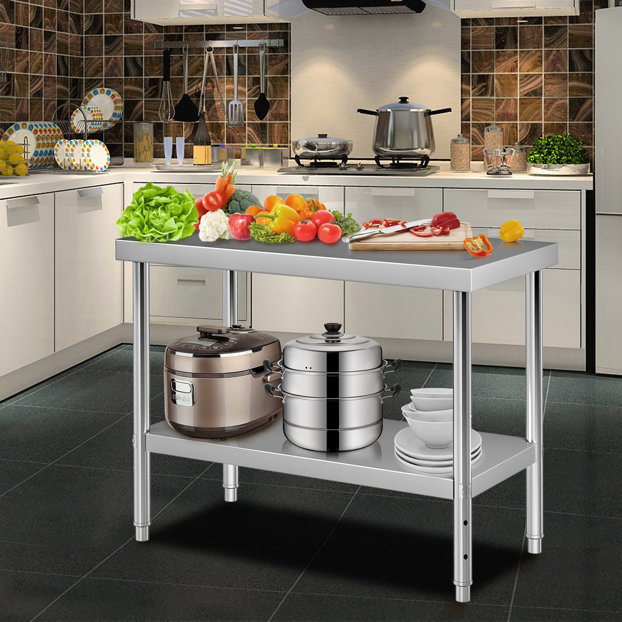 VEVOR Stainless Steel Prep Table, 122 x 46 x 86 cm, 250kg Load Capacity Heavy Duty Metal Worktable with Adjustable Undershelf, Commercial Workstation