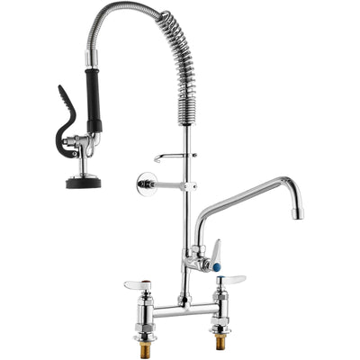 Commercial Faucet with Pre-Rinse Sprayer, 26" Height, 8" Center, 12" Swing Spout, Deck Mount Kitchen Sink Faucet, Brass Constructed Device with Pull Down Spray, for 1/2/3 Compartment Sink