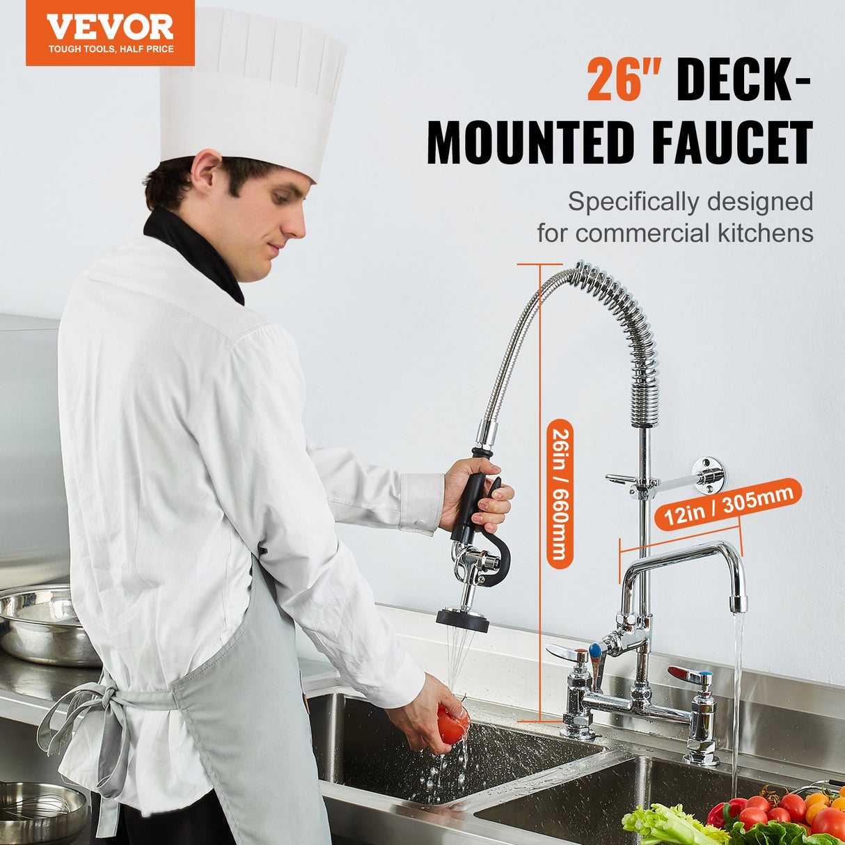 Commercial Faucet with Pre-Rinse Sprayer, 26" Height, 8" Center, 12" Swing Spout, Deck Mount Kitchen Sink Faucet, Brass Constructed Device with Pull Down Spray, for 1/2/3 Compartment Sink