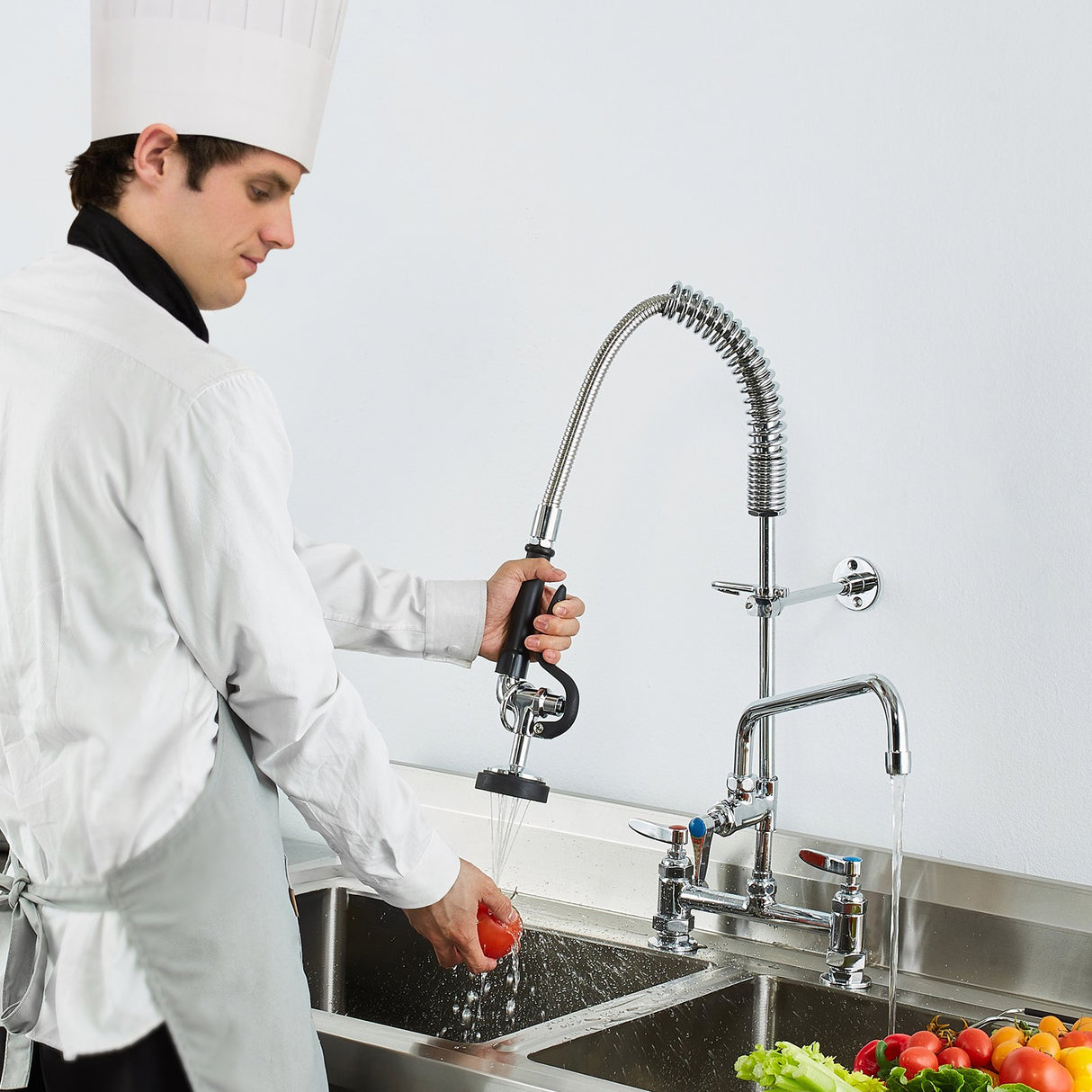 VEVOR Commercial Faucet with Pre-Rinse Sprayer, 26" Height, 8" Center, 12" Swing Spout, Deck Mount Kitchen Sink Faucet, Brass Constructed Device with Pull Down Spray, for 1/2/3 Compartment Sink