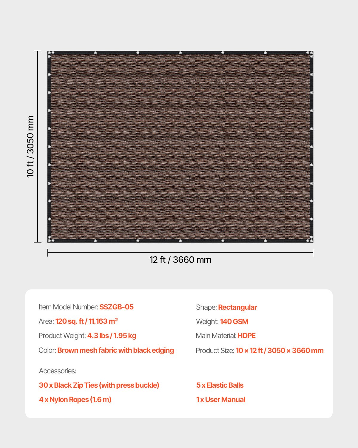 VEVOR 90% Sun Shade Cloth Privacy Screen 305 x 366 cm for Patio Garden (Brown)