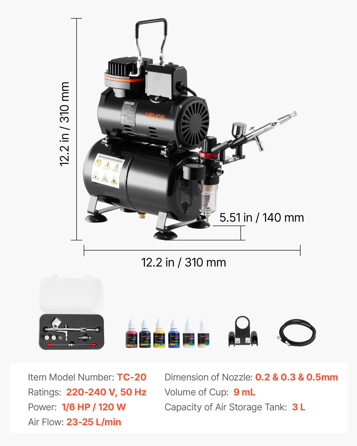VEVOR Airbrush Kit Air Brush Kit 1/6 HP Air Compressor Tank 1 Airbrush 3 Tips