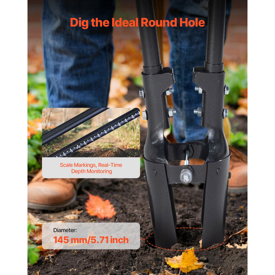 Post Hole Digger, Heavy Duty Post Hole Digger with Carbon Steel Handle, Manual Hole Digger with Scale Markings and Metal Blade, Post Hole Digger Tool for Digging Gardening Outdoors, 1460 mm