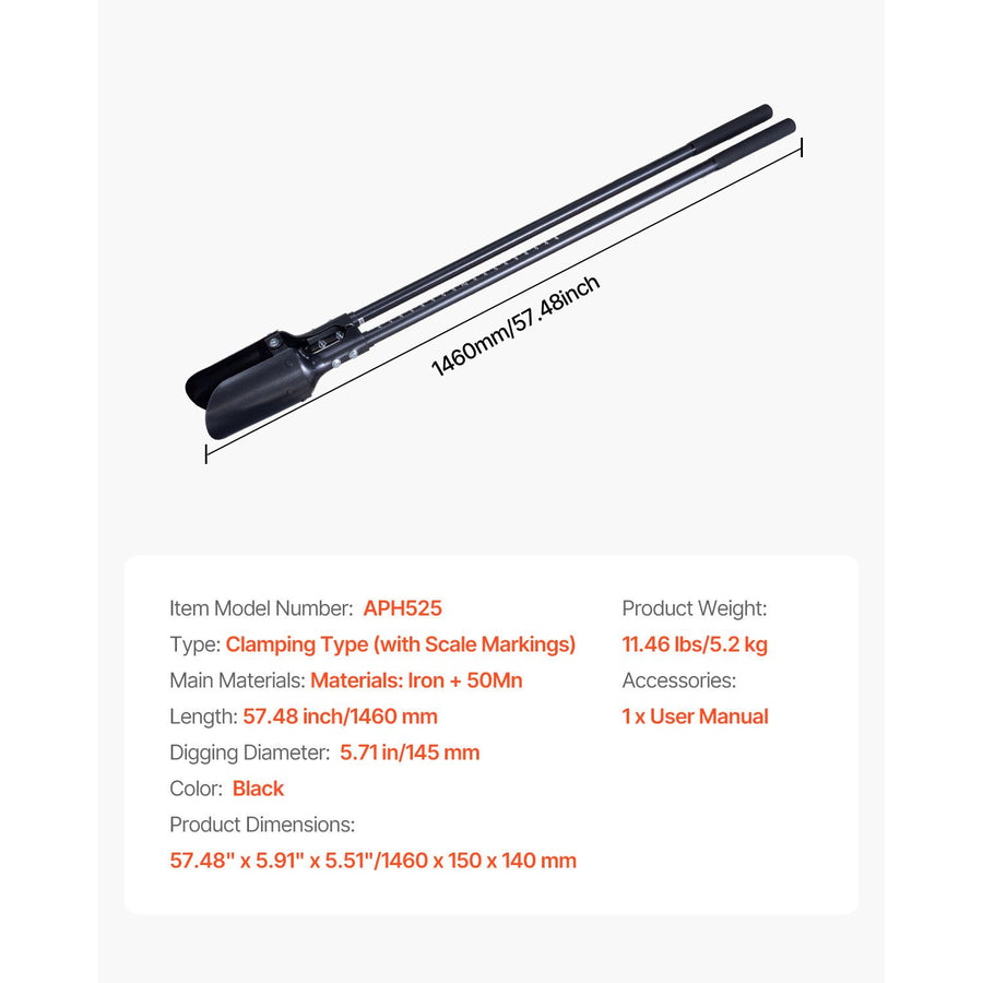 Post Hole Digger, Heavy Duty Post Hole Digger with Carbon Steel Handle, Manual Hole Digger with Scale Markings and Metal Blade, Post Hole Digger Tool for Digging Gardening Outdoors, 1460 mm