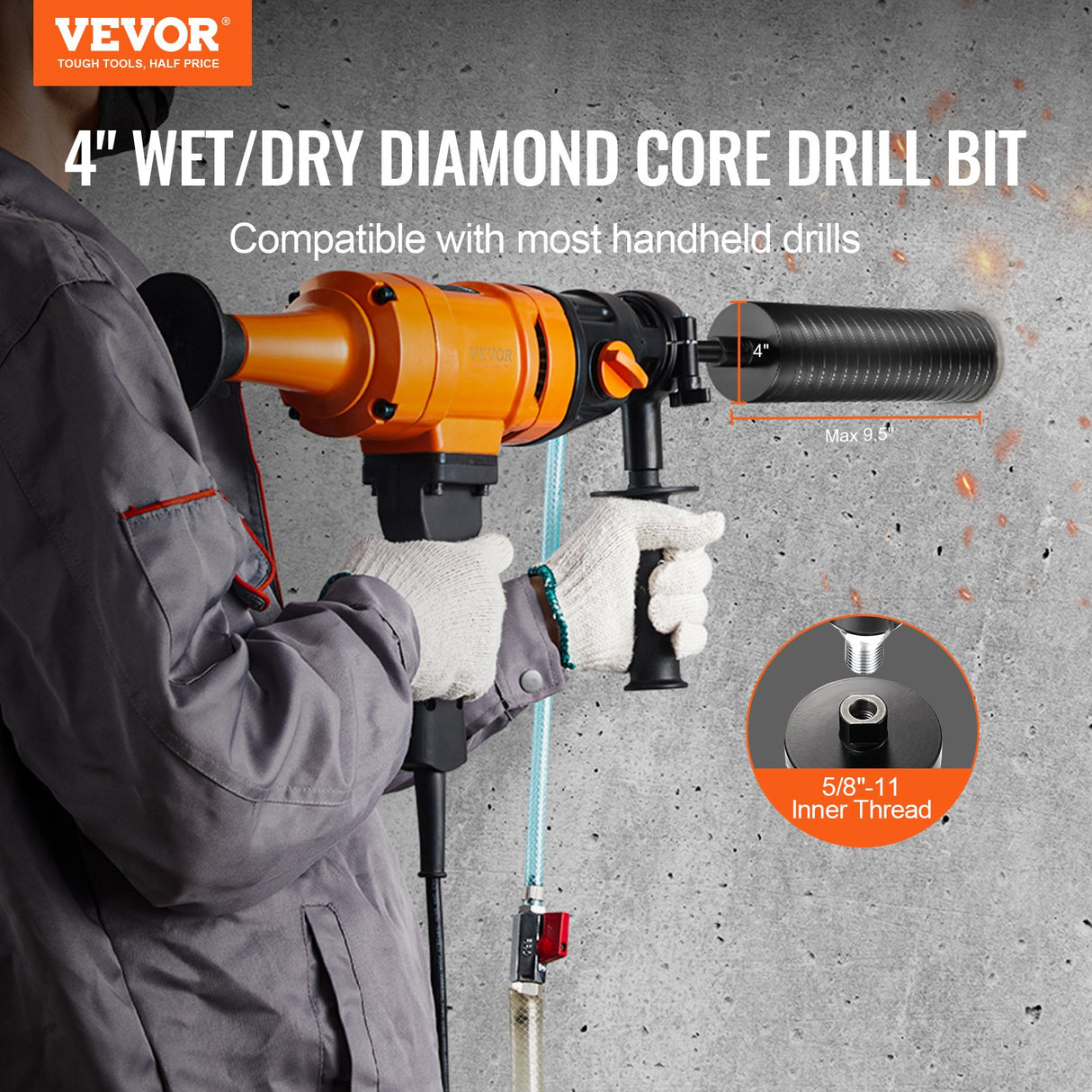 VEVOR Core Drill Bit, 4" Wet/Dry Diamond Core Drill Bits for Brick and Block, Concrete Core Drill Bit with Pilot Bit Adapter and Saw Blade, 9.5"