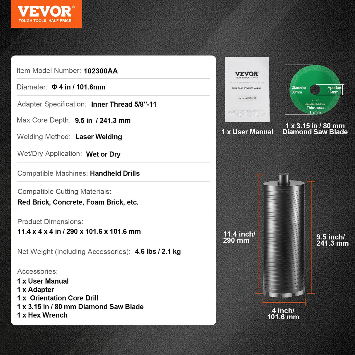 VEVOR Core Drill Bit, 4" Wet/Dry Diamond Core Drill Bits for Brick and Block, Concrete Core Drill Bit with Pilot Bit Adapter and Saw Blade, 9.5"