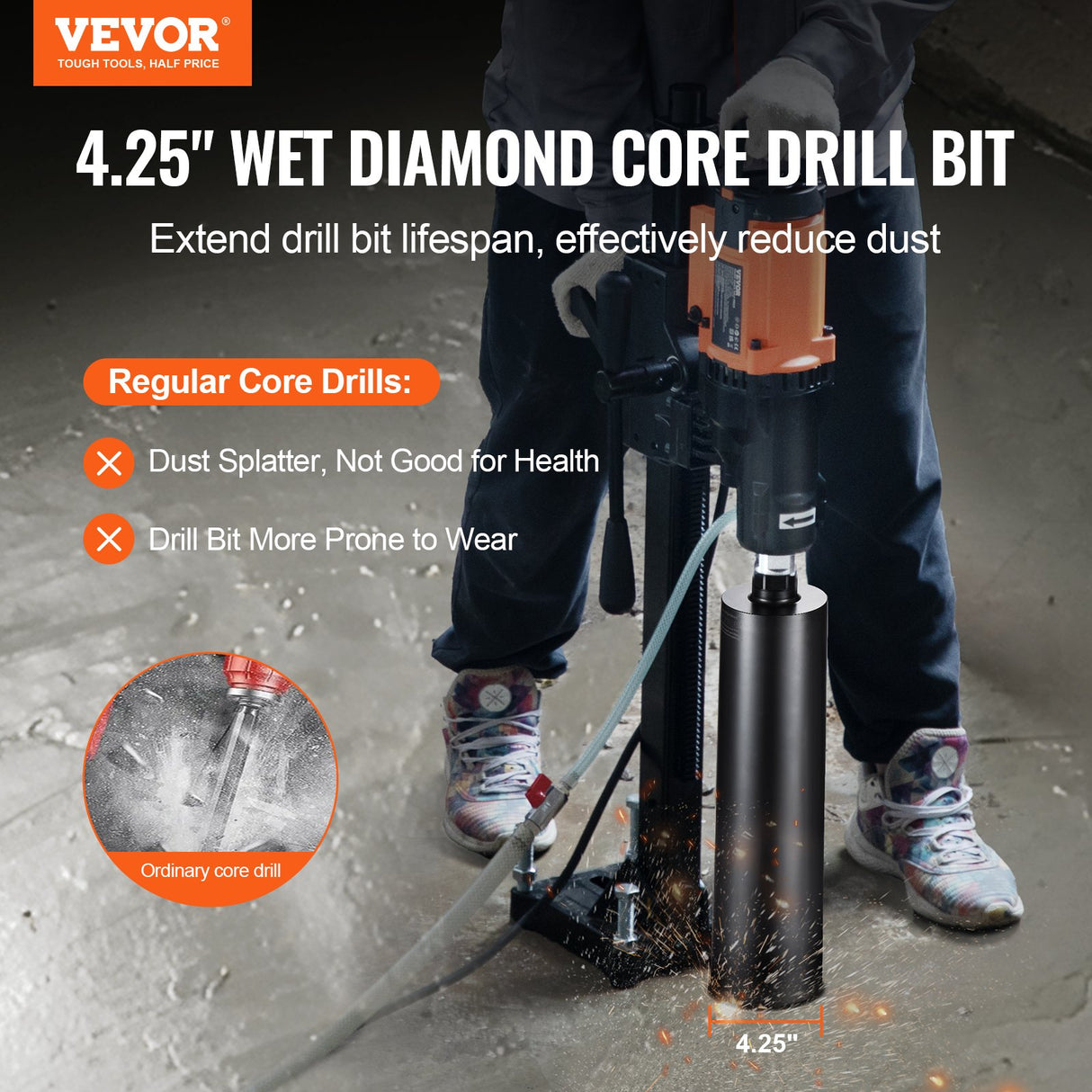 VEVOR Core Drill Bit, 4.25" Wet Diamond Core Drill Bits, 14" Drilling Depth Concrete Core Drill Bit with Saw Blade, 1-1/4"-7 Inner Thread, Laser