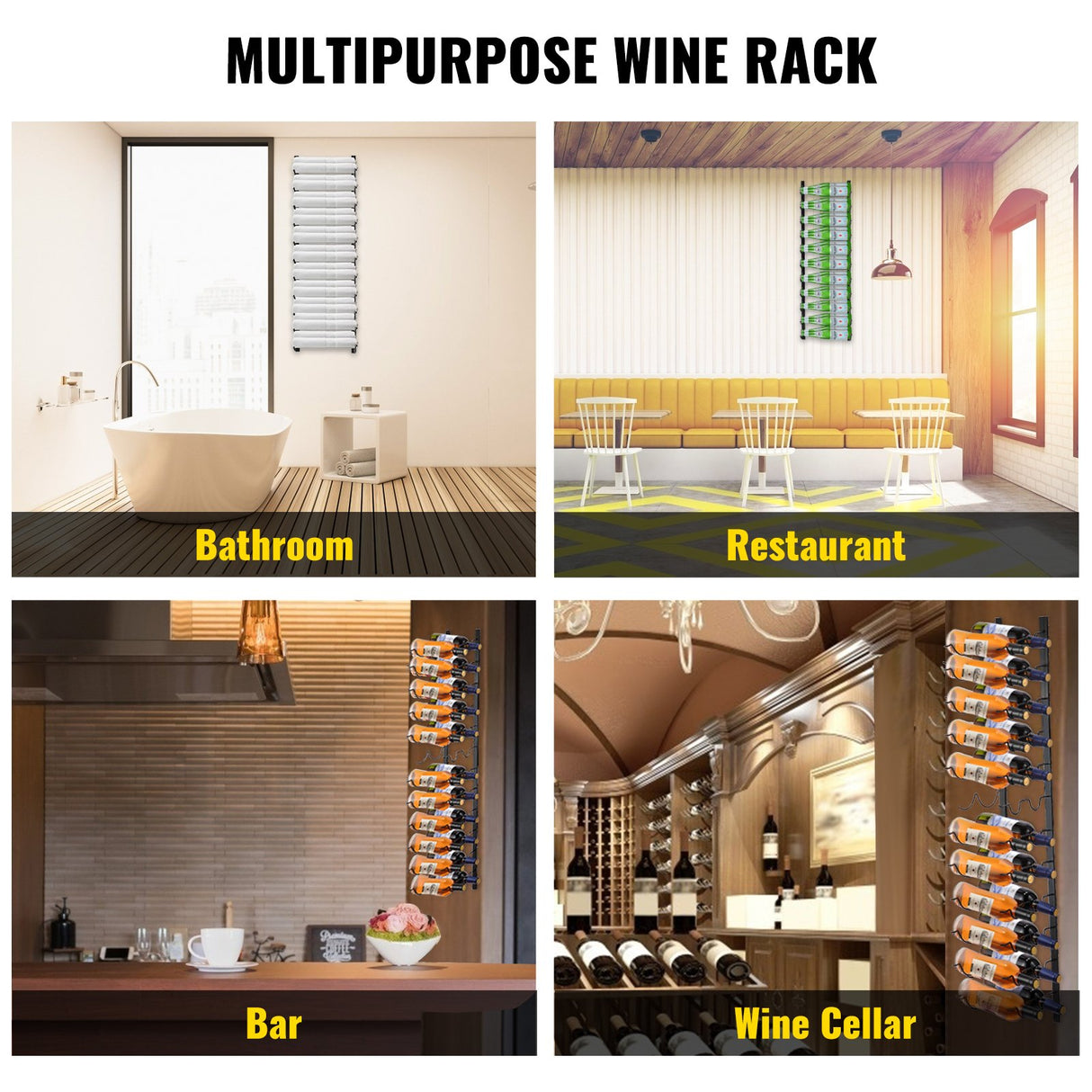 VEVOR Wall Mounted Wine Rack 12x2 Bottles Wine Holder Towel Rack Black Steel Vertical Wine Rack Modern Decorative Wall Mounted Wine Bottle Holder Forward Design Simple Storage Wall Rack 48x11x1 In