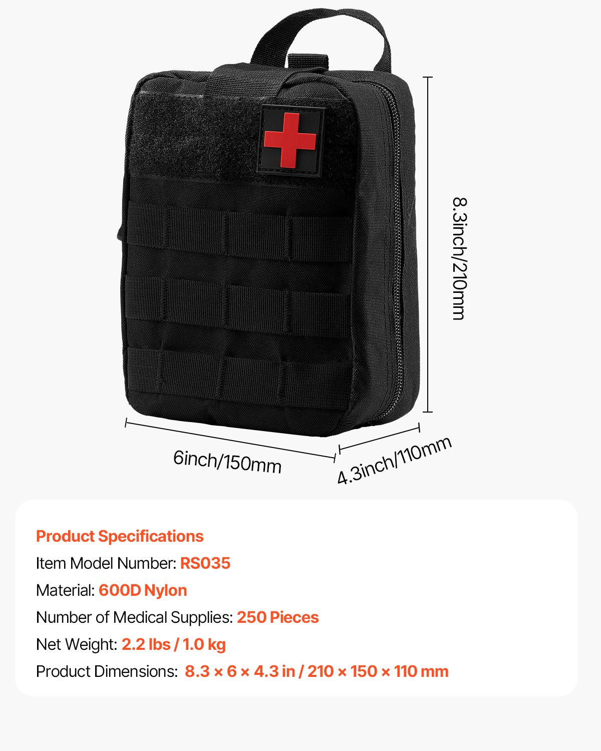 VEVOR Survival First Aid Kit 250 Pieces Emergency Medical Trauma Bag for Camping