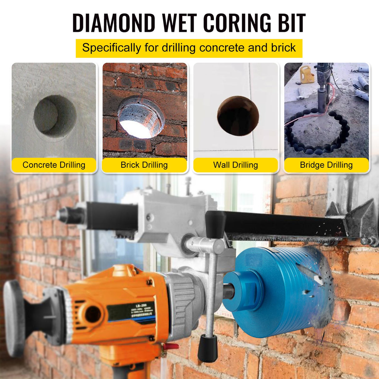 VEVOR Dry Core Drill Bit, 88.9 mm Diameter 11 Threaded, 241.3mm Depth Diamond Coring Bore Tool with a Pilot Bit & Blade, Masonry Hole Saw Bits for