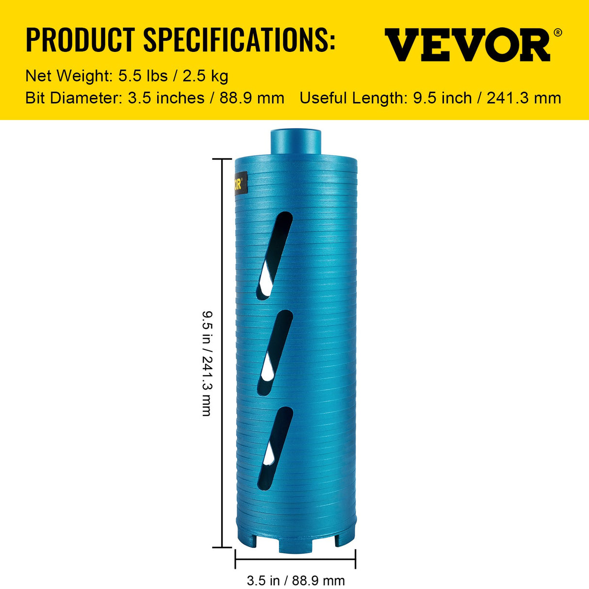 VEVOR Dry Core Drill Bit, 88.9 mm Diameter 11 Threaded, 241.3mm Depth Diamond Coring Bore Tool with a Pilot Bit & Blade, Masonry Hole Saw Bits for