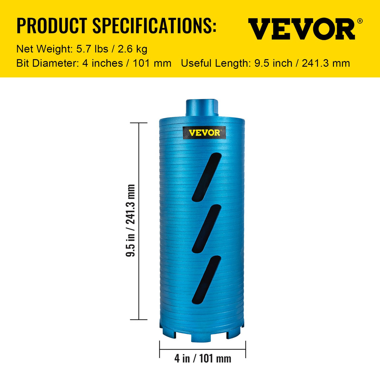 VEVOR Core Drill Diamond Dry Coring Bit 4" with Pilot Bit for Hard Concrete