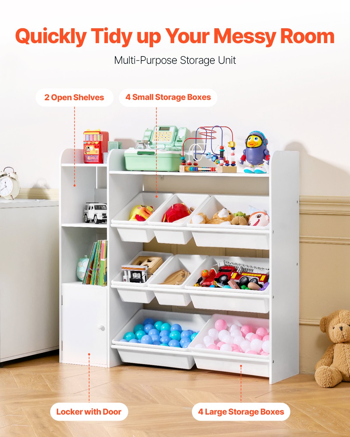VEVOR 4-Tier Kids Toy Storage and Bookshelf with 8 Flexible Plastic Bins White