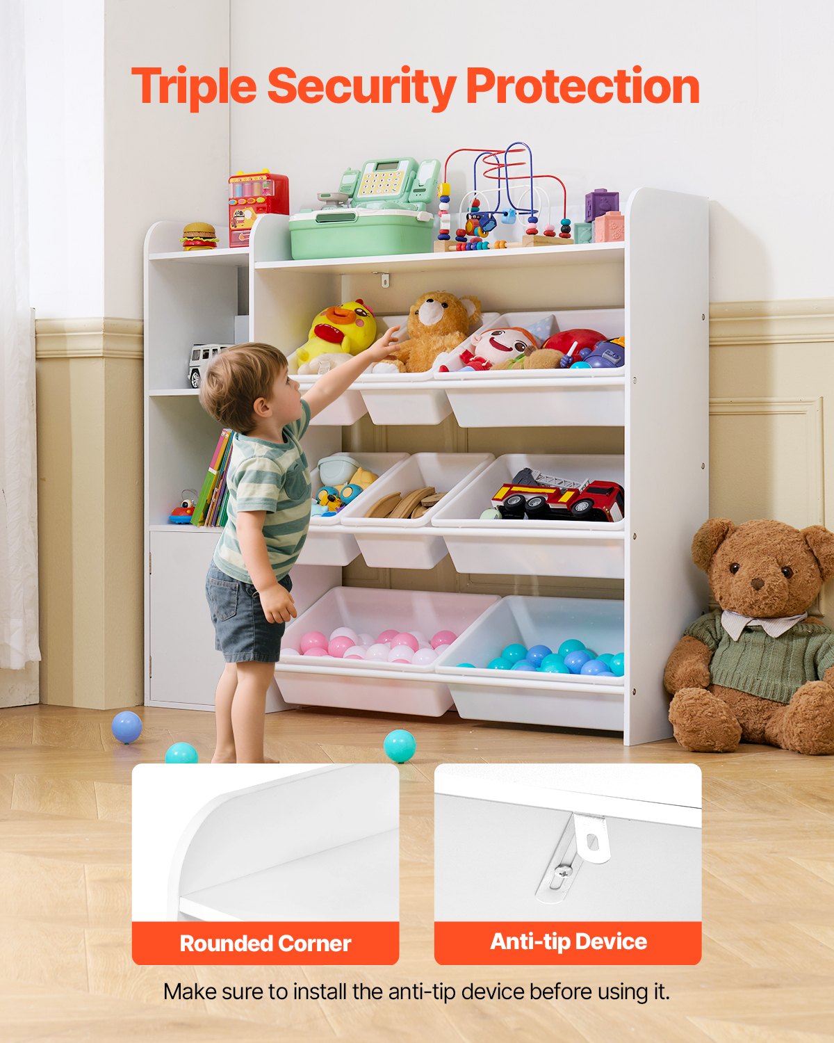 VEVOR 4-Tier Kids Toy Storage and Bookshelf with 8 Flexible Plastic Bins White