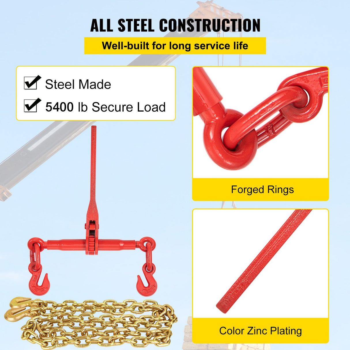 VEVOR Chain Load Binder, 8 mm Tie Down Kit with 3 Ton Working Load Capacity and Two Grab Hooks, Includes (4) Ratchet Binders - (4) 6.4 m Grade 80