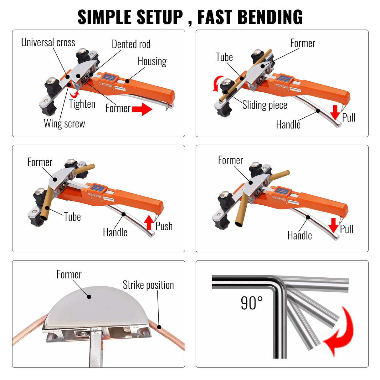 VEVOR Pipe Tube Bender, 1/4"-7/8" Ratcheting Tubing Benders, 90°Forward/Reverse Pipes Bending Tools with 7 Dies for HVAC Air Conditioning Refrigerator Repair