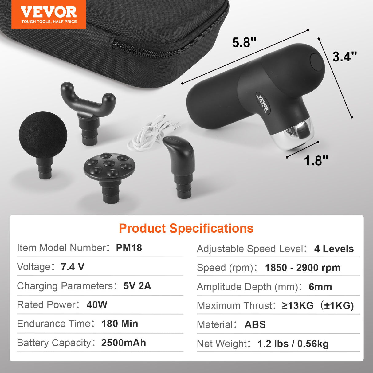 VEVOR Massage Gun Deep Tissue, Percussion Muscle Massager for Athletes - with 4 Speed Levels & 4 Massage Heads, 7.4V 2500mAh Batteries, Handheld Mini