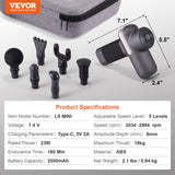 VEVOR Massage Gun Deep Tissue, Percussion Muscle Massager for Athletes - with 5 Speed Levels & 6 Massage Heads, 7.4V 2500mAh Batteries, Handheld