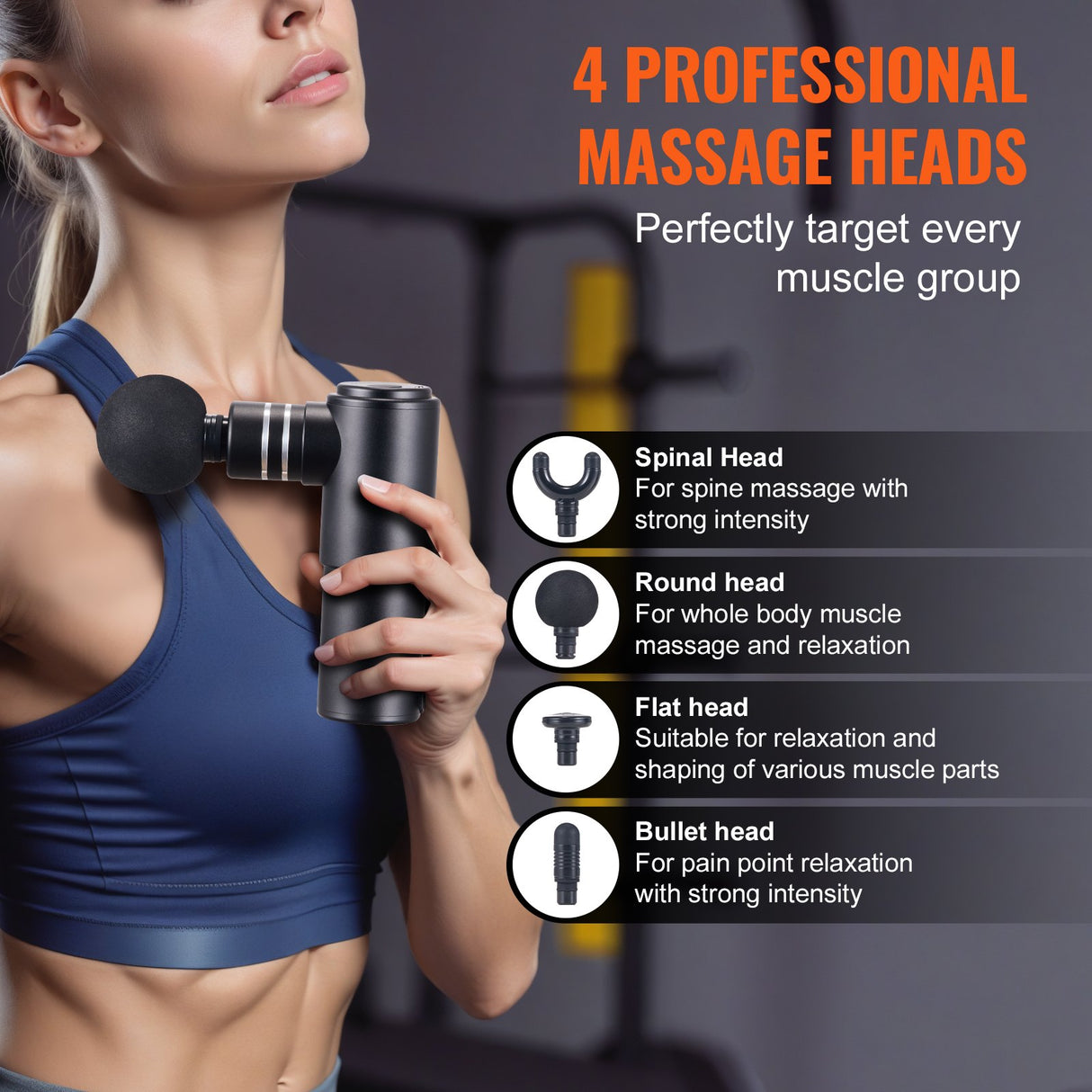 VEVOR Massage Gun Deep Tissue, Percussion Muscle Massager for Athletes - with 4 Speed Levels & 4 Massage Heads, 12V 2500mAh Batteries, Handheld