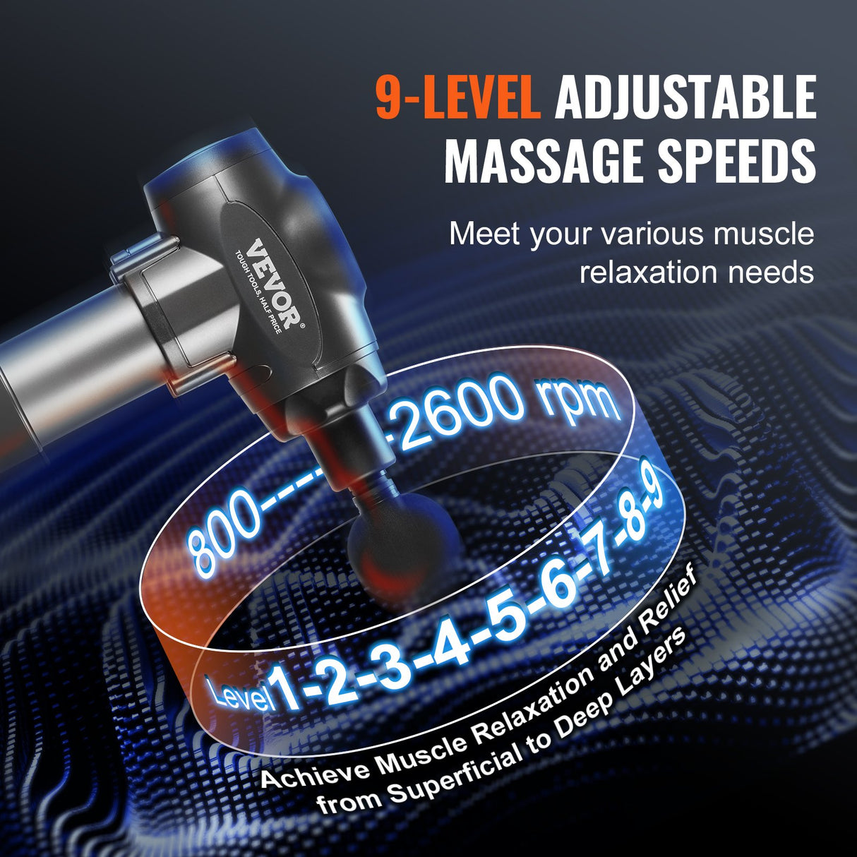 VEVOR Massage Gun Deep Tissue, Percussion Muscle Massager for Athletes - with 9 Speed Levels & 6 Massage Heads, 24V 2500mAh Batteries, Handheld