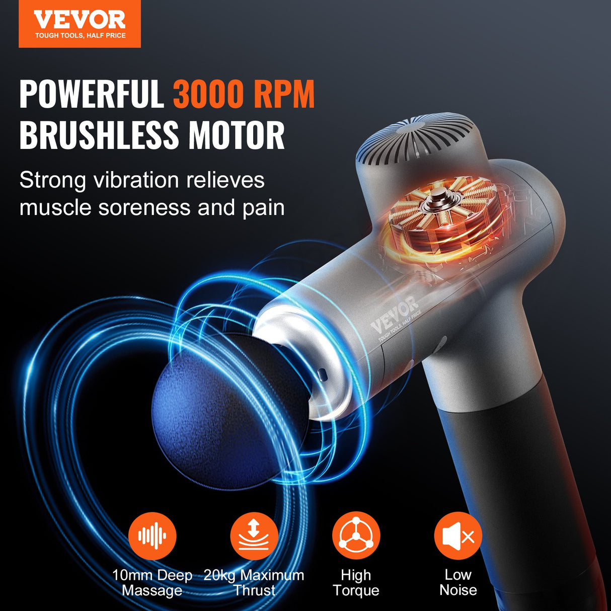 VEVOR Massage Gun Deep Tissue, Percussion Muscle Massager for Athletes - with 8 Speed Levels & 6 Massage Heads, 24V 2500mAh Batteries, Handheld