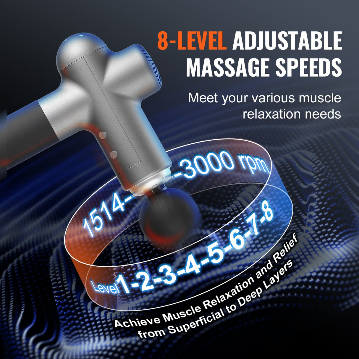 VEVOR Massage Gun Deep Tissue, Percussion Muscle Massager for Athletes - with 8 Speed Levels & 6 Massage Heads, 24V 2500mAh Batteries, Handheld