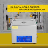 Vevor Powerful Stainless Steel 13.5-15 L Liters Ultrasonic Cleaner 360W Digital Heater Timer - Front View