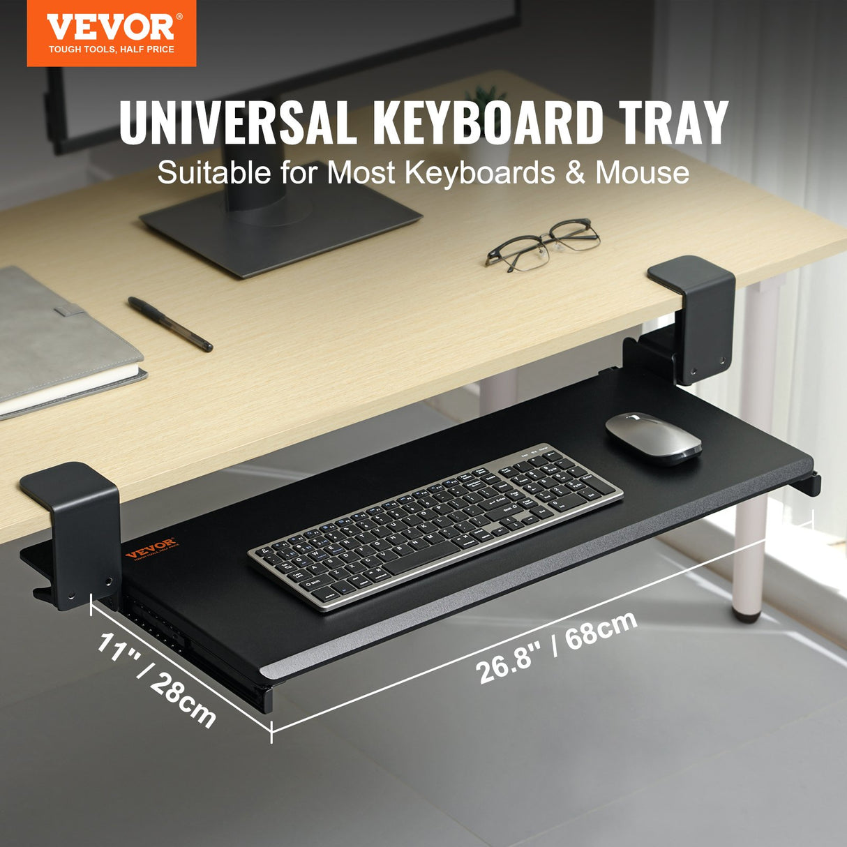 VEVOR Clamp on Keyboard Tray Under Desk, Desk Keyboard Tray Slide out with Sturdy No-drill C Clamp Mount, Large 26.8 x 11 inch Slide-out Computer