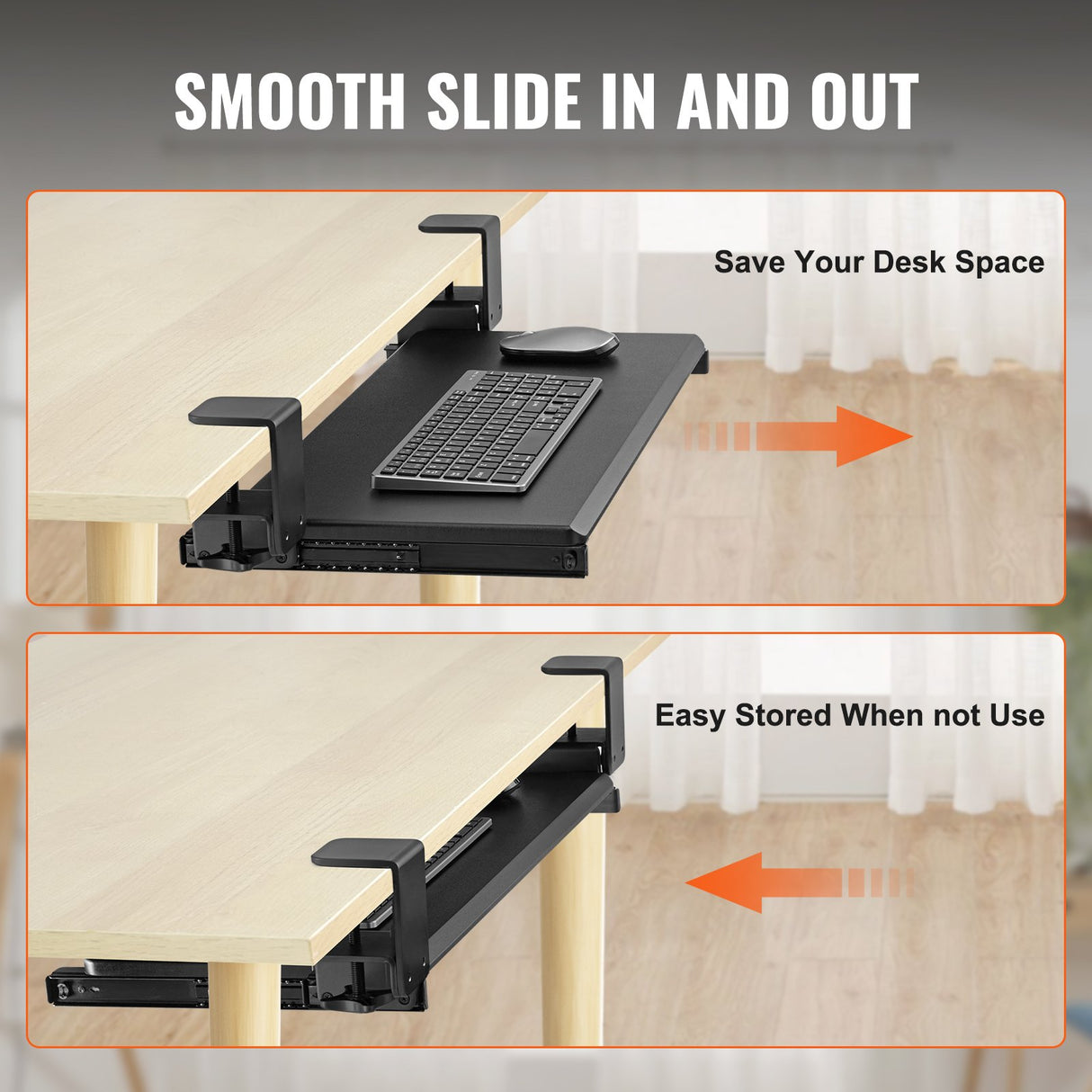 VEVOR Clamp on Keyboard Tray Under Desk, Desk Keyboard Tray Slide out with Sturdy No-drill C Clamp Mount, Large 26.8 x 11 inch Slide-out Computer