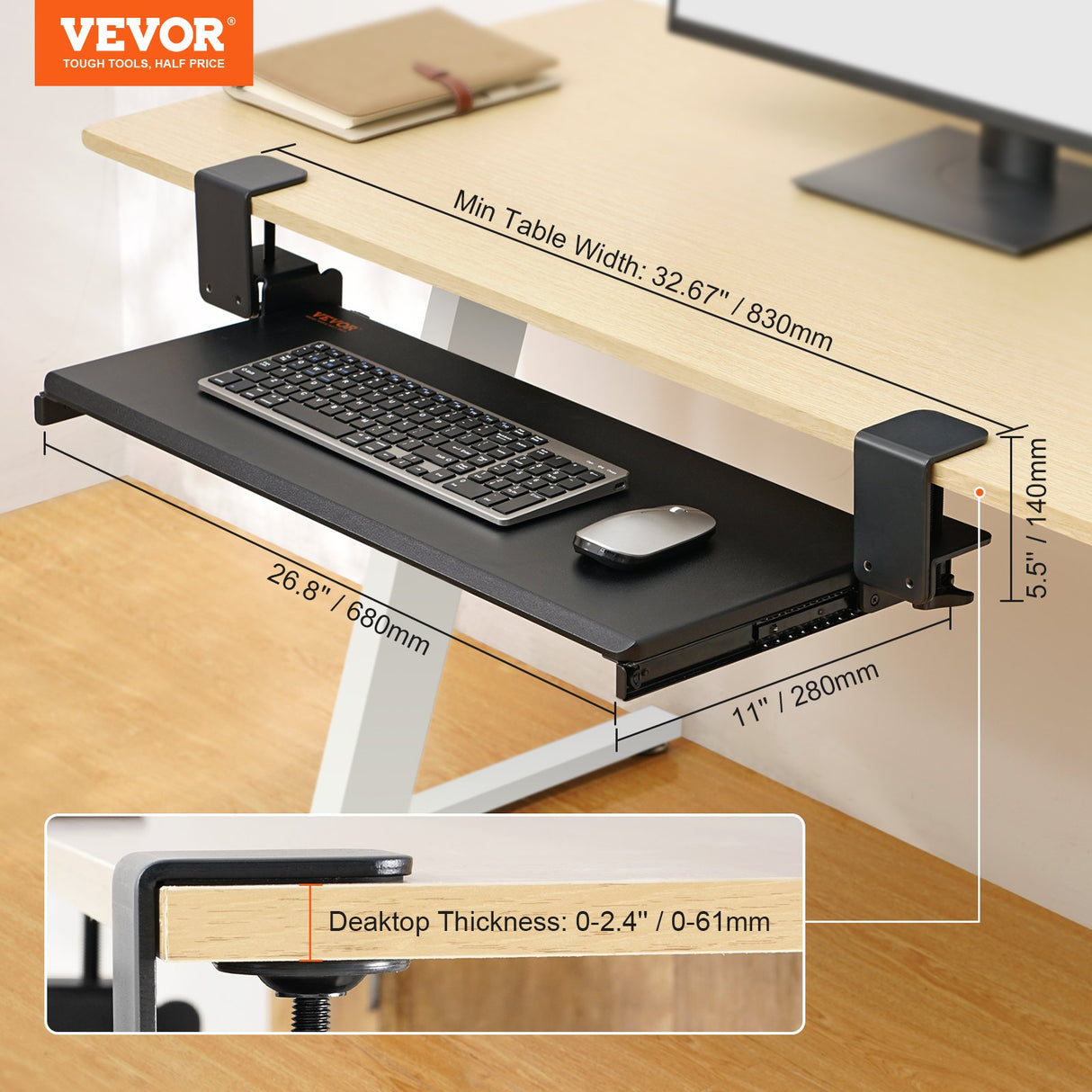 VEVOR Clamp on Keyboard Tray Under Desk, Desk Keyboard Tray Slide out with Sturdy No-drill C Clamp Mount, Large 26.8 x 11 inch Slide-out Computer