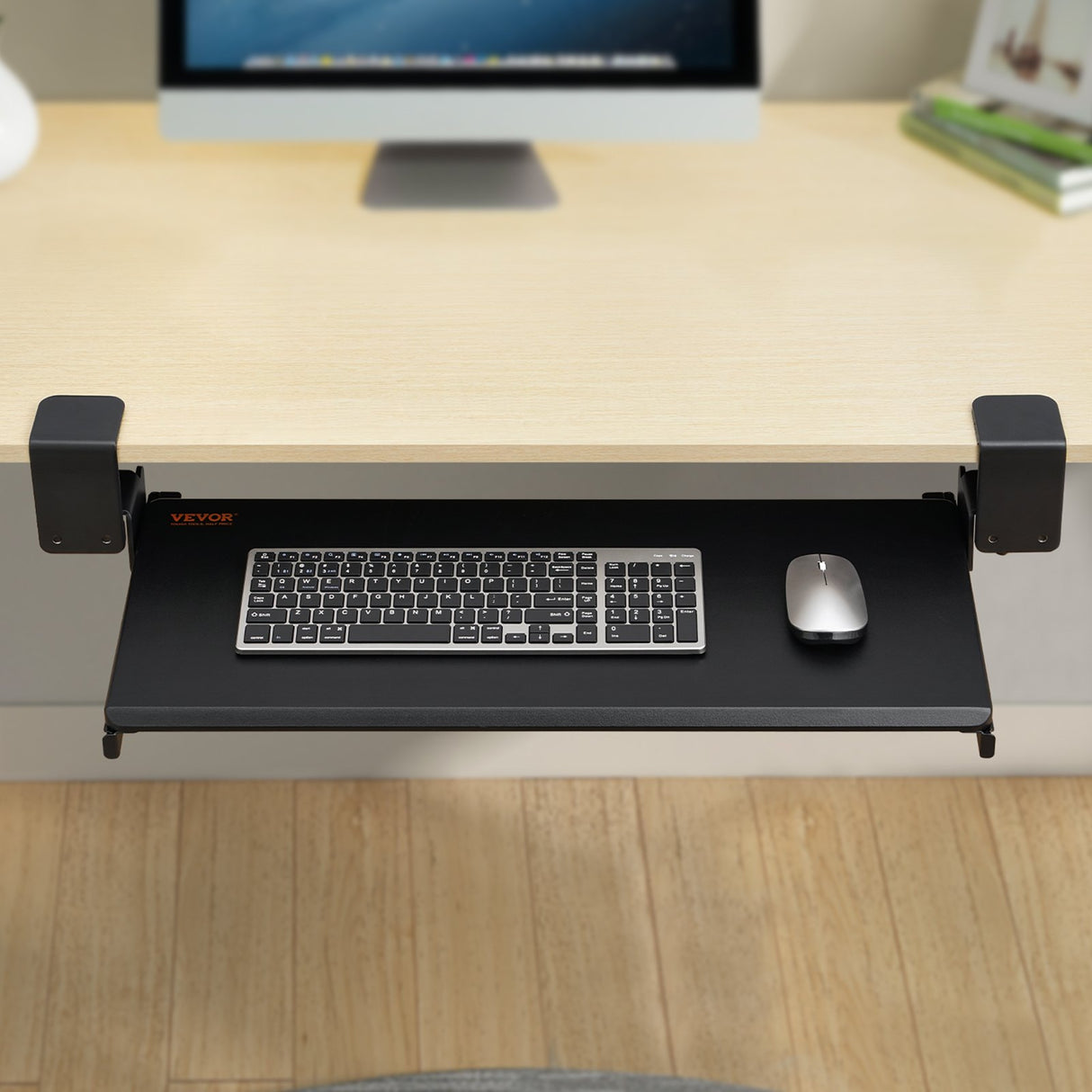 VEVOR Clamp on Keyboard Tray Under Desk, Desk Keyboard Tray Slide out with Sturdy No-drill C Clamp Mount, Large 26.8 x 11 inch Slide-out Computer