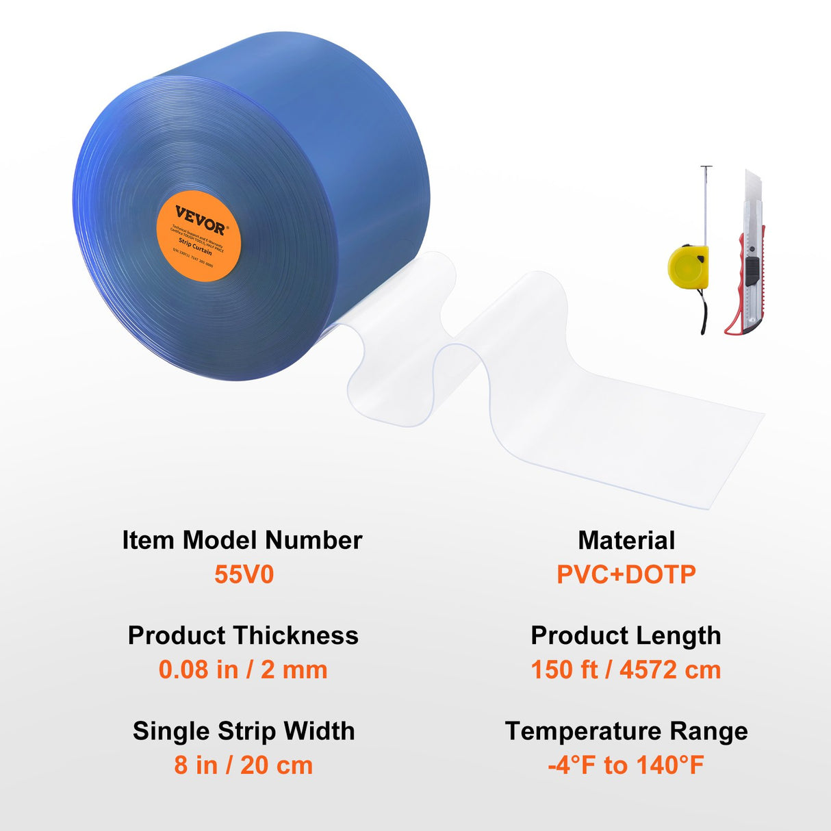 VEVOR Strip Curtain, 150' Length x 8" Width x 0.08" Thickness, Clear PVC Smooth Curtain Strip Door Bulk Roll, Plastic Door Strips for Doorways of