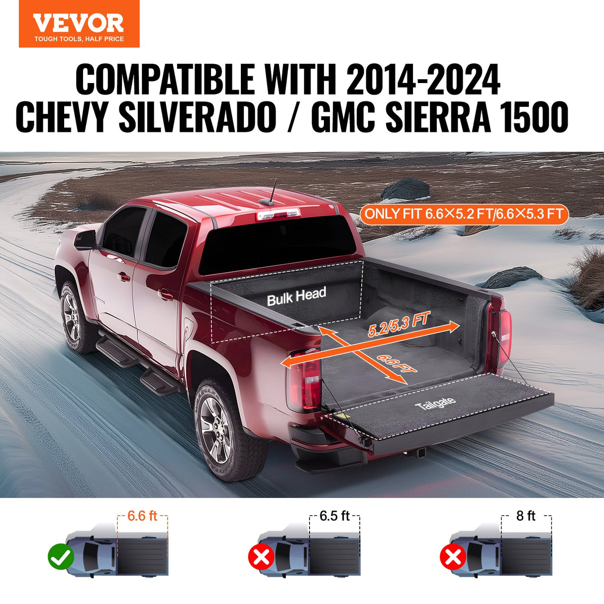VEVOR Truck Bed Cover, Roll Up Truck Bed Tonneau Cover, Compatible with 2014-2024 Chevy Silverado / GMC Sierra 1500, for 2m x 1.6m / 2m x 1.6m Bed,