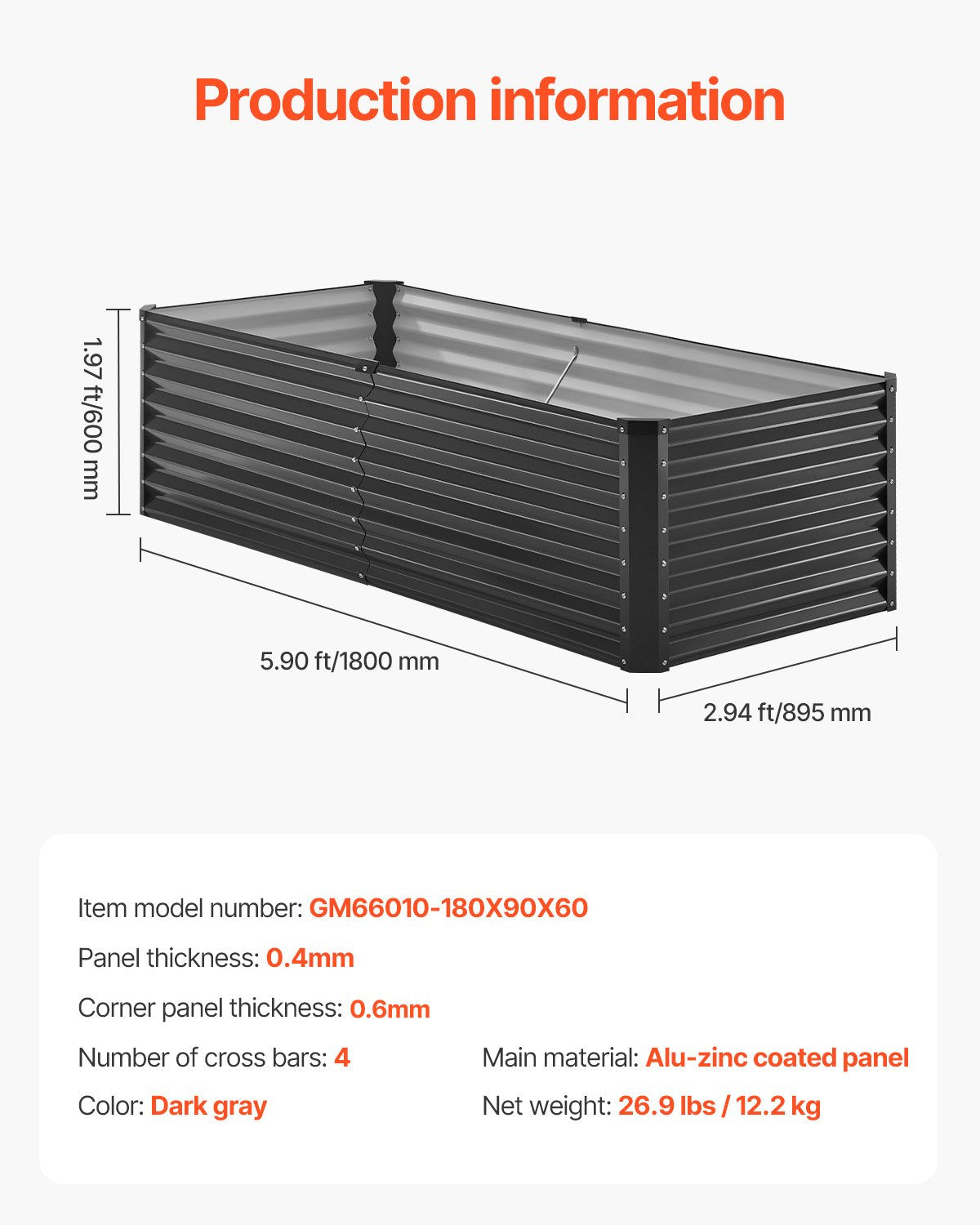 Metal Raised Garden Bed, 6 x 3 x 2 ft Outdoor Galvanized Planter Box, with Open Bottom, Large Planter Raised Bed for Gardening Vegetables, Flowers, Herbs, and Succulent Plants, Dark Gray