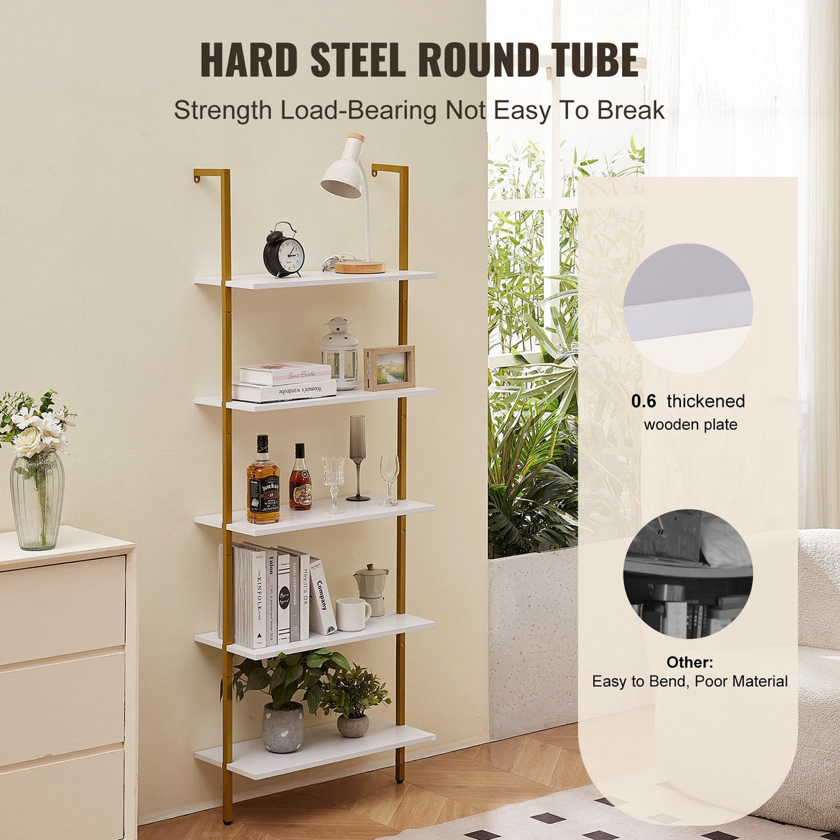 VEVOR Industrial Square Pipe Shelf 5 Tier 64x30x182.5cm Wall-Mount Gold White