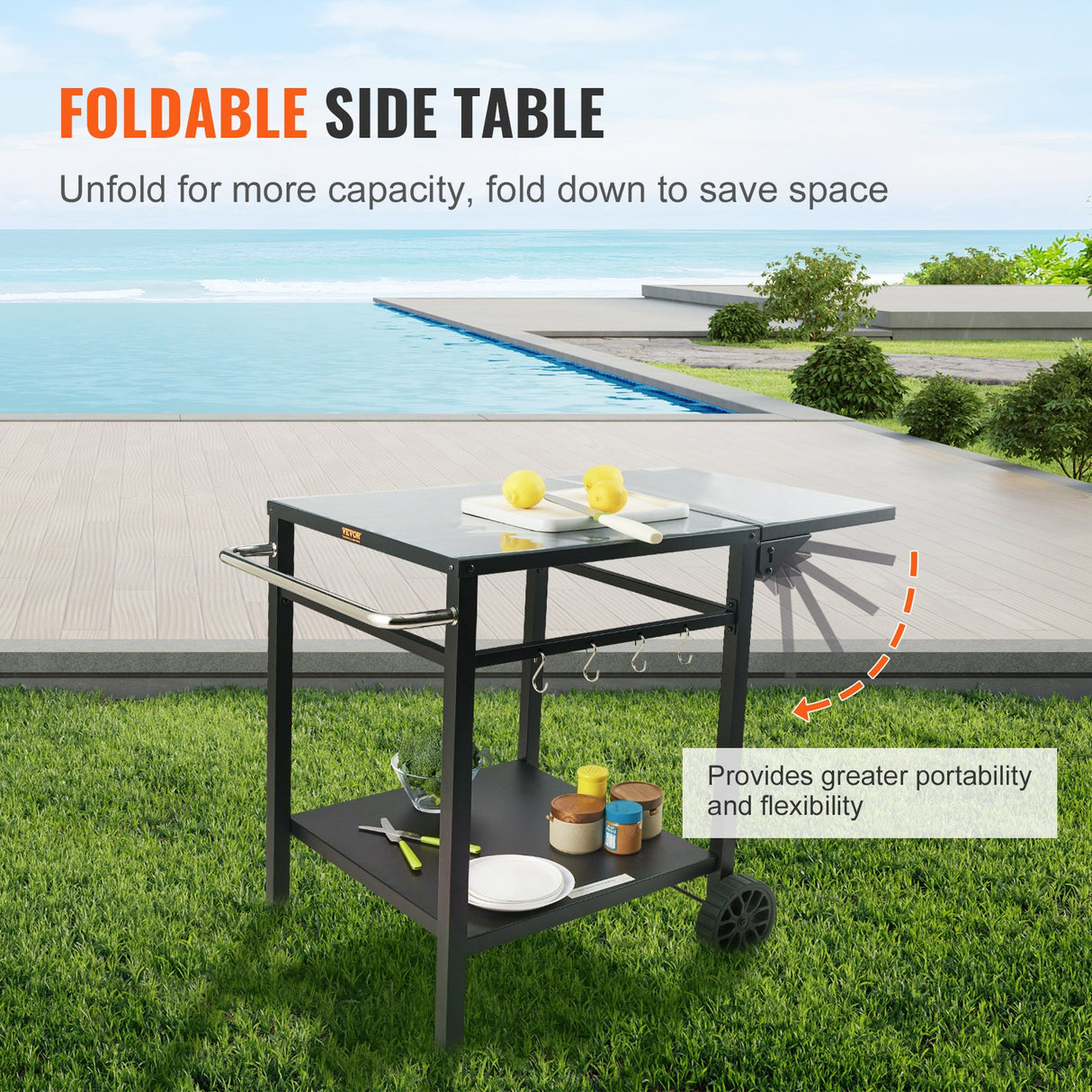VEVOR Outdoor Grill Dining Cart with Double-Shelf, 55*55cm BBQ Movable Food Prep Table, Multifunctional Foldable Iron Table Top, Portable Modular
