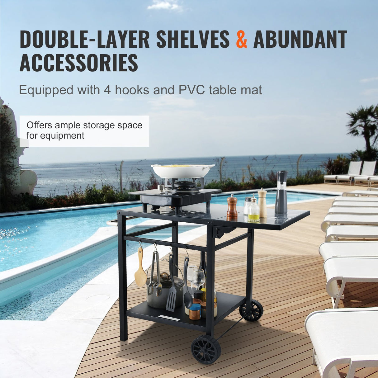 VEVOR Outdoor Grill Dining Cart with Double-Shelf, 55*55cm BBQ Movable Food Prep Table, Multifunctional Foldable Iron Table Top, Portable Modular
