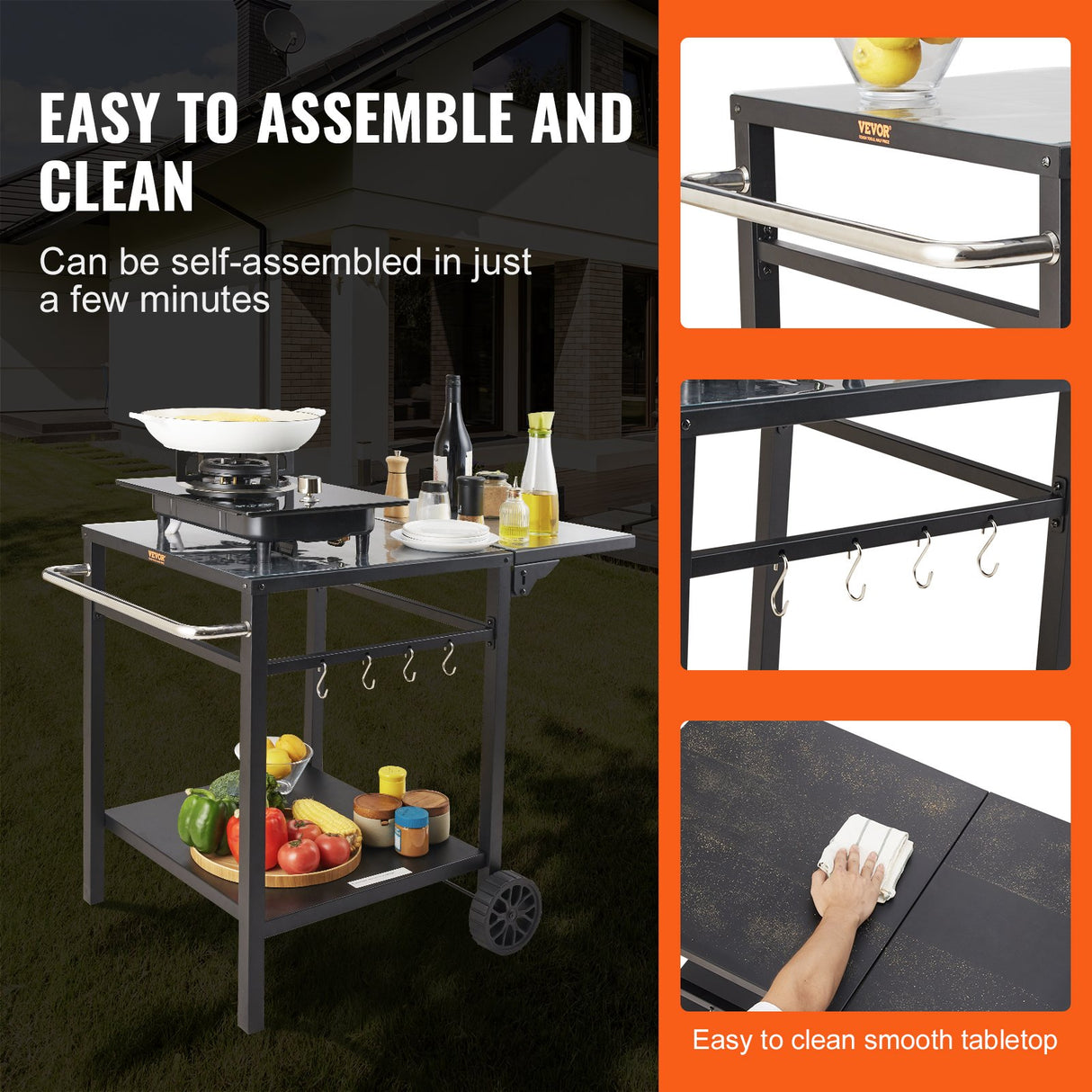 VEVOR Outdoor Grill Dining Cart with Double-Shelf, 55*55cm BBQ Movable Food Prep Table, Multifunctional Foldable Iron Table Top, Portable Modular